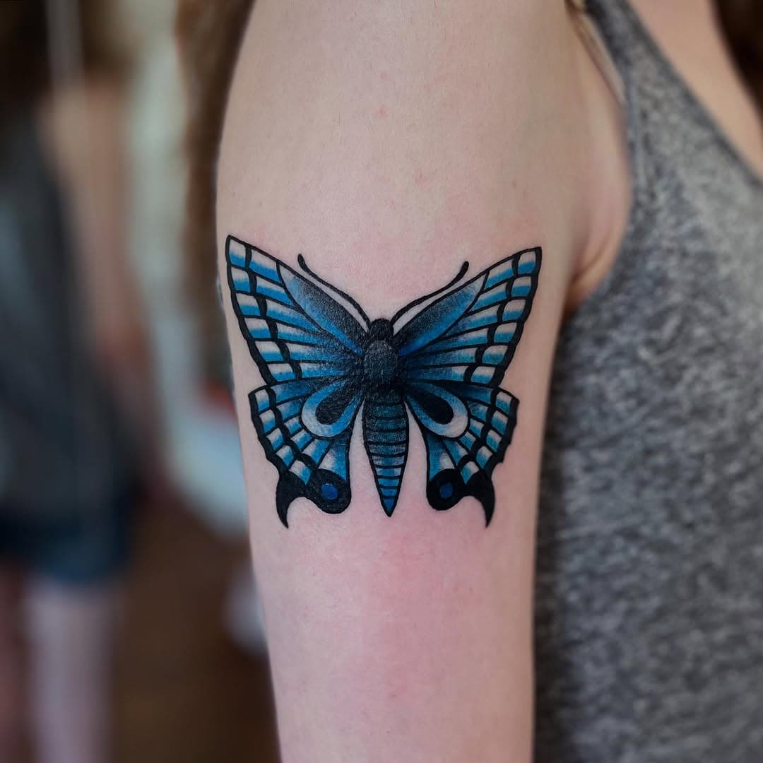 Butterfly for Charlie’s first tattoo. Thanks for the trust with this 🙏 
.
.
.
#butterfly #butterflytattoo #butterflies #qttr #tattoo #tattoos #inked #tattooart #tattooartist #tattoodesign #tattoolove #tattooed #tattoostyle #tattoolife 
#butterflytattoo #mothtattoo #butterflyink #insecttattoo #wingedtattoo 
#bluetattoo #neotraditionaltattoo #boldtattoo #colortattoo #shouldertattoo 
#tattooinspiration #tattooideas #inkedgirls #tattooflash