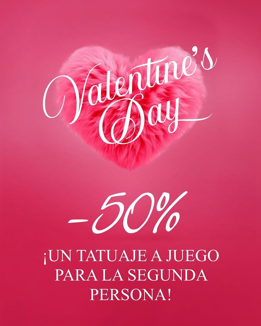 🇪🇸
💘 Especial de San Valentín – ¡Tatuajes a juego con -50%! 

¡El amor está en el aire… y en tu piel! 💉✨ Celebra este San Valentín con una oferta especial para ti y tu persona especial.

📌 Reserva un tatuaje a juego para dos, y el segundo tendrá un 50% de descuento.
✔ Oferta válida para igual tatuajes negros de tamaño pequeño a mediano (diseños simples, sin piezas grandes realistas)
✔ Reserva tu cita antes del 14 de febrero (las sesiones pueden ser hasta finales de febrero)
✔ Se requiere un depósito para asegurar el descuento

Ya sea con tu pareja, tu mejor amigo/a o un hermano/a, los tatuajes a juego son la mejor manera de sellar vuestro vínculo para siempre. ❤️

💬 Etiqueta en los comentarios a la persona con la que te harías un tatuaje a juego para que se entere de esta oferta. 👇

📩 ¡Envíanos un mensaje y reserva tu cita para hacer este San Valentín inolvidable!

🇬🇧
💘 Valentine’s Special – Matching Tattoos -50%! 💘

Love is in the air… and on your skin! 💉✨ Celebrate this Valentine’s Day with a special tattoo deal for you and your loved one.

📌 Book a matching tattoo for two, and the second one is 50% OFF!
✔ Offer valid for  small  to medium-sized black identical tattoos (simple designs, no large realistic pieces)
✔ Secure your spot by February 14th (appointments available until the end of February)
✔ A deposit is required to lock in your discount

Whether it’s for your partner, best friend, or sibling – matching tattoos are the ultimate way to seal your bond forever. ❤️

💬 Tag the person you’d get a matching tattoo with in the comments so they know about this deal! 👇

📩 DM us now to book your spot and make this Valentine’s Day unforgettable!