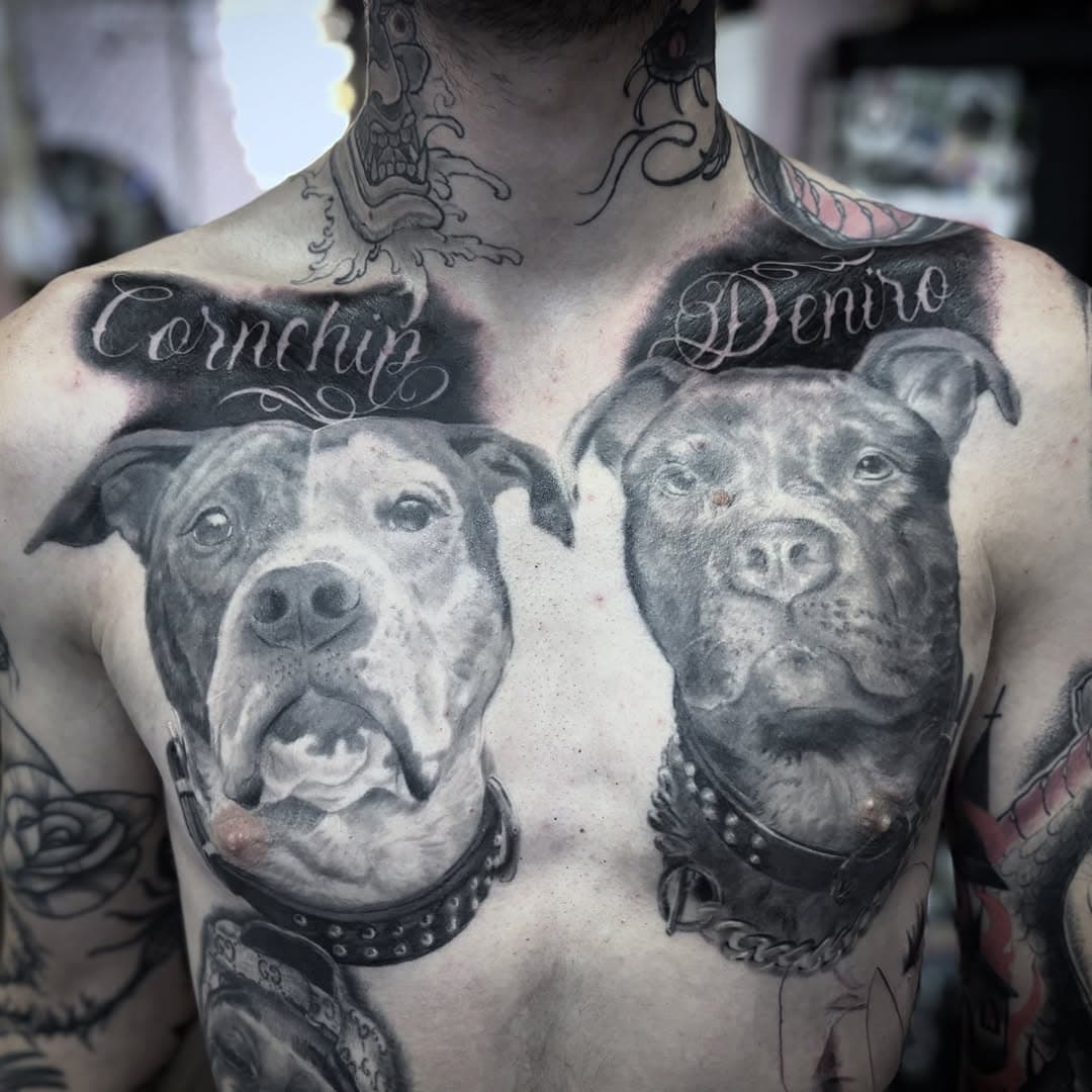 Is Cornchip the greatest name for a dog you’ve ever heard??? 

Healed portraits of the pups for @kyle_est13 — added their names in today, we will eventually black out all around them and build into the shoulders. 🥰

Each portrait took only one full day sitting, with no touch ups as of yet. Will see how the contrast sits once the black is in. 

#dogtattoo #melbournetattoo #tattoomelbourne #melbourne #tattoo #blackandgreytattoo #portraittattoo #bnginksociety #bng #bngtattoo #pitbulllove #pittie #pittbulltattoo