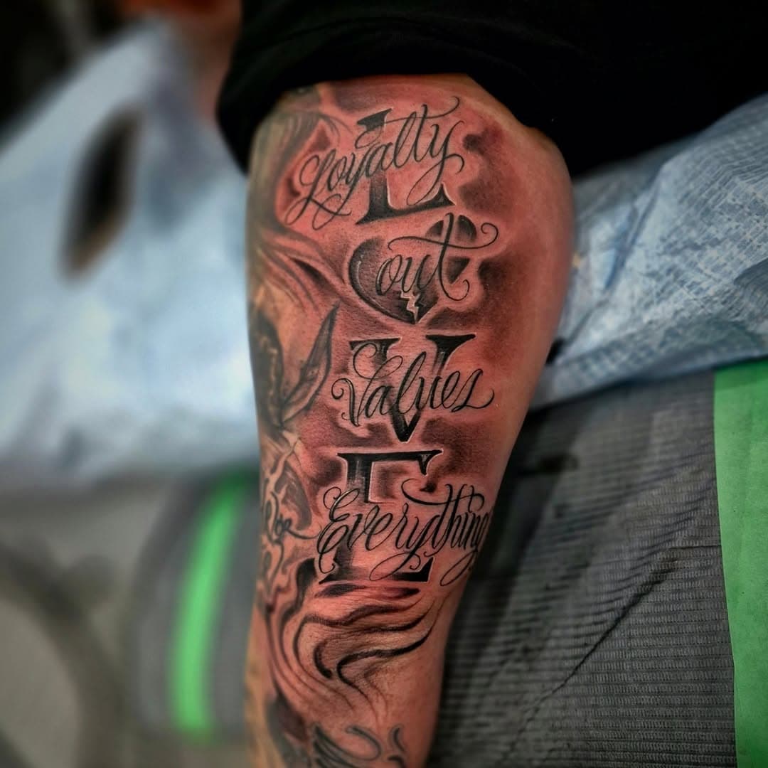 Loyalty 
.
Out
.
Values
.
Everything 
.
#torontotattoos ##blackandgreytattoo #gangstertattoo #torontotattooartist #torontotattooshop #crashandburntattoos #letteringtattoo ##scripttattoo #graffititattoo #graffiti #graffitiart