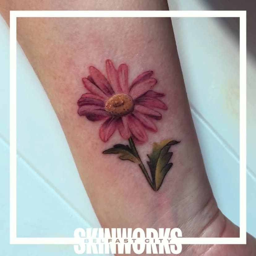 Stunning lil pink daisy done at the weekend by our apprentice @samcooke_tattoo 😍