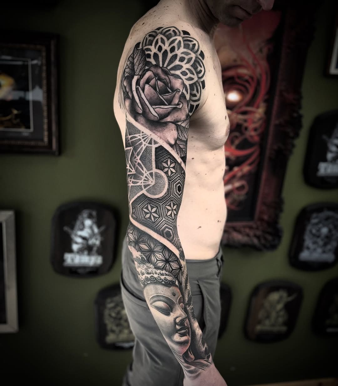 Upper half sleeve complete for a rad dude! Grateful to have met you and I’m excited for the future work we get to do together! I’m currently booking all of 2025 if you’d like to get on the books email ChaseNolanBooking@gmail.com