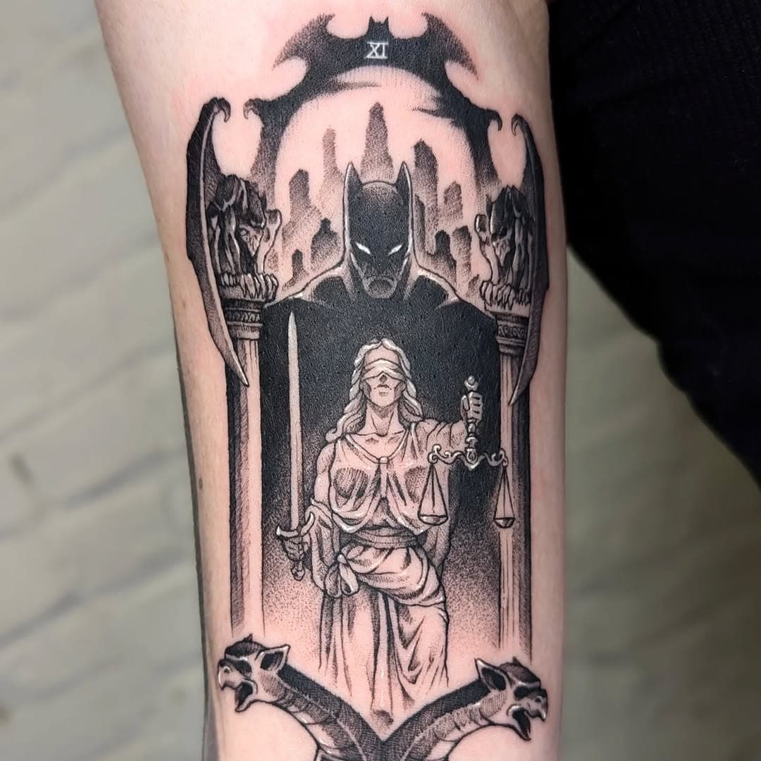 - J U S T I C E -

Justice tarot card but make it Batman! A big thank you to Yasmin for a really cool idea and giving me creative freedom with the piece. I really loved playing with the contrast between the relative simplicity of Batman's silhouette with the detail in Lady Justice. I always love getting to tattoo Batman, and this was a really cool opportunity to pack a lot of Gotham imagery into one piece.

Thanks again Yasmin!

Done at @crownandfeathertattoo

---
#batman #thedarknight #justice #tarottattoo
#batmantattoo #customtattoo #crownandfeathertattoo #phillytattooartist #lordlexantattoos