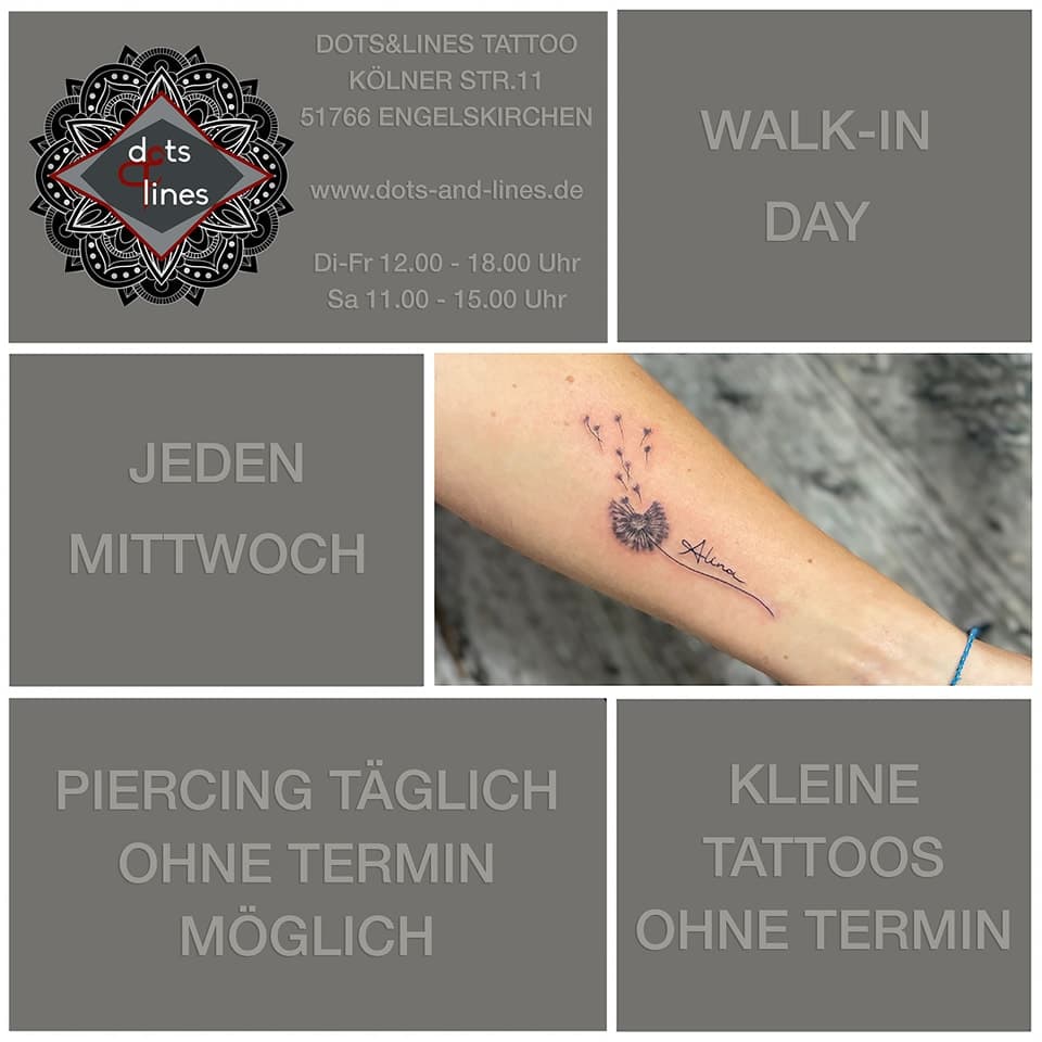 🎨✨ **Walk-In Tattoos jeden Mittwoch!** ✨🎨 

Du hast Lust auf ein spontanes Tattoo? Dann komm vorbei! Jeden **Mittwoch von 12:00 bis 18:00 Uhr** bieten wir dir die Möglichkeit, ohne Termin vorbeizukommen und dir dein kleines Tattoo stechen zu lassen. 

💡 Ob minimalistische Designs, Schriftzüge oder kleine Motive – wir setzen deine Ideen um. 

📍 **Wo?** Bei uns im Studio! 
📅 **Wann?** Jeden Mittwoch, 12:00–18:00 Uhr 
🎯 **Ohne Termin!** Einfach vorbeikommen und loslegen.

#WalkInTattoo #SpontanTattoo #KleineTattoos #TattooWednesday 

👉 **Teile diesen Beitrag und markiere deine Tattoo-Buddys!** 👈