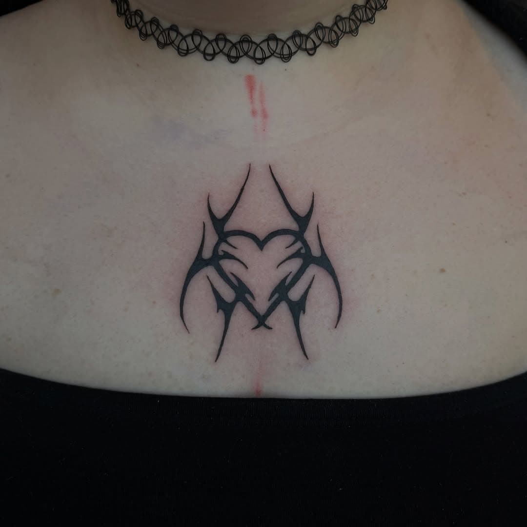 Cyber sigil heart on the chest 🖤 Tattooed from my Valentine’s flash ⚔️ WOULD LOVE TO DO MORE LIKE THIS! Thanks for looking. 
.
.
.
#cybersigilism #cybersigilismtattoo #cybersigil #chesttattoo #hearttattoo #tribaltattoo #cttattooartist #cttattoo #sheltonct