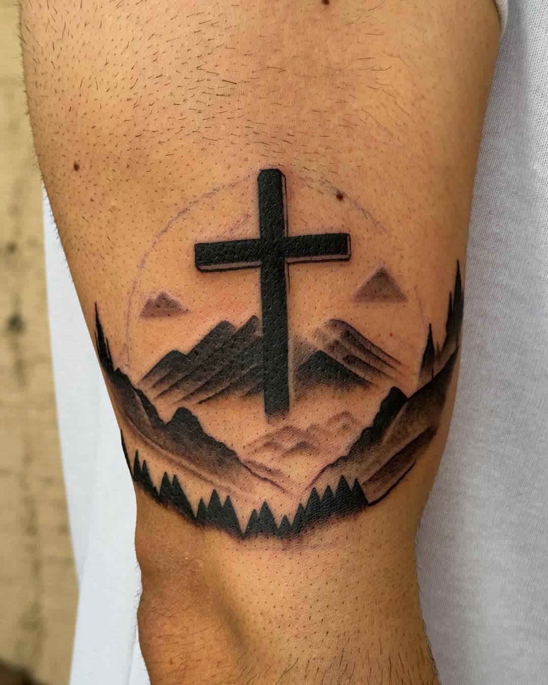 Cross and mountains. Done @oldenglishtattoostudio