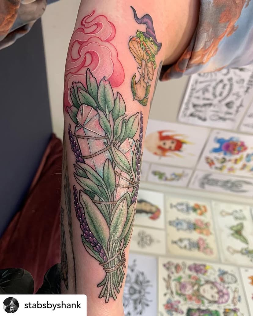 Posted @withregram • @stabsbyshank Such a awkward place to get a decent photo but just had to post this burning sage piece for Emma! 
Such a beautiful addition to her witchy themed sleeve! 🔮
So so keen to do more of these!
#stabsbyshank