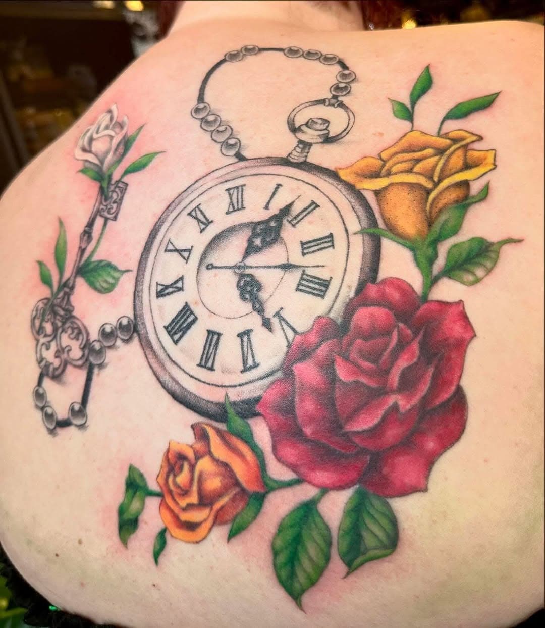Pocket Watch, Key and Flowers by @brittle.bonez 

#flowerstattoo #pocketwatchtattoo #shouldertattoo #downtownroanoke #maidenandcrowtattoo