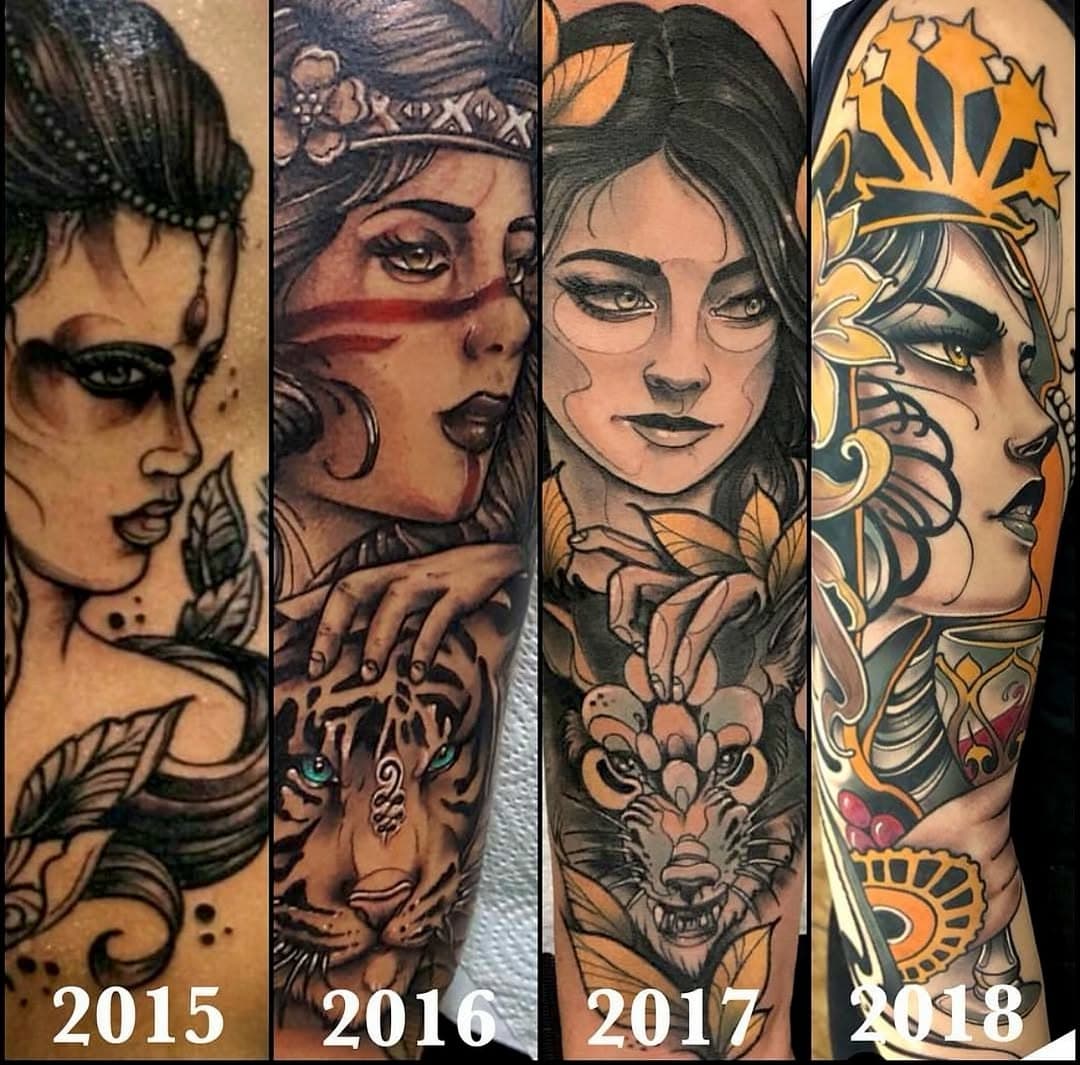 10 years of progress on my work. Im trying everyday to improve, some periods I am more inspired and sometimes I’m not. Regardless, I always carry a passion and discipline to make sure I’m constantly producing the best work. Thank you all for the trust, for the support, for the respect and for the hate! Hopefully 10 years more doing what I love❤️🙏🏽 @gangatattoola @meaculpairons @inkintattoosupply @eztattooing @bheppo @lt.tattooequipment @madrabbit neotraditional #neotraditionaltattoo #neotradicional 
#neotraditionaltattooers #nouveautattoo #losangelestattoo #fedealmanzor #fedealmanzortattoo  #inked #tatted  #neotraditionalportrait #colortattoo #neotraditionalgirl #tattoodo #nouveau #neotradtattoo #beverlyhills #luxury #luxurylifestyle #portrait #girlportrait