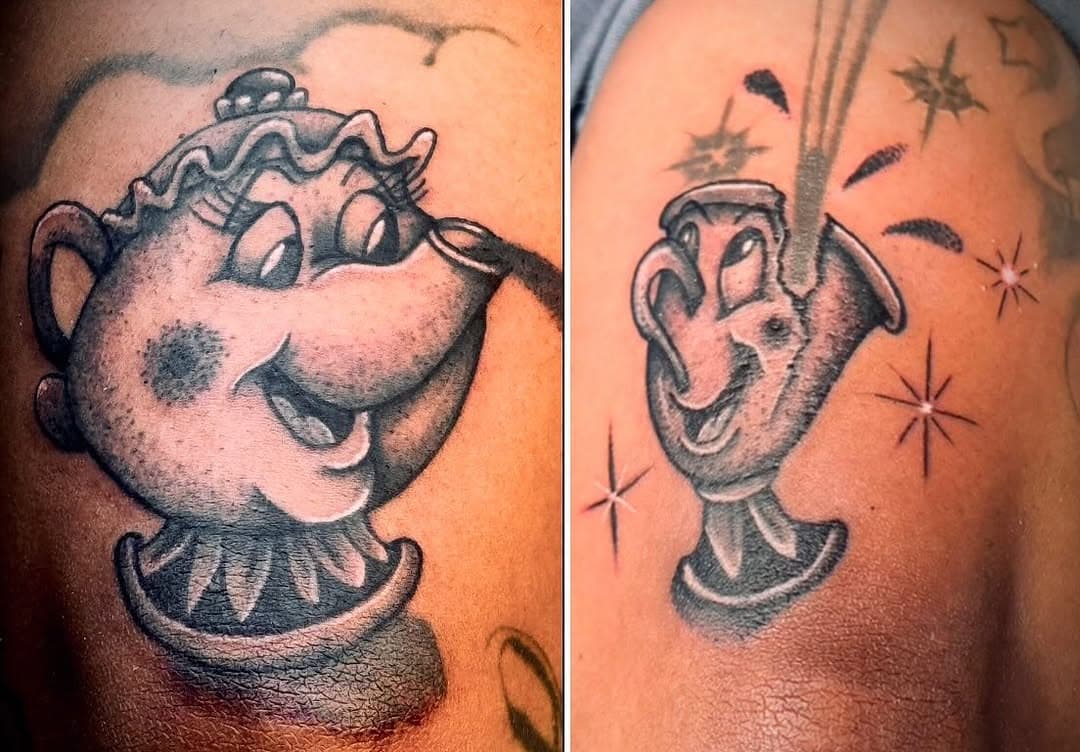 Mrs Potts & Chip by @crassindas.ink 
.
.
.
.
.
.
.
.
.
.
.
.
.
#jacksonvillenctattooers #tattoo #nctattoo #tattooapprentice #disneytattoo #blackandgraytattoo #nctattooers #beautyandthebeast