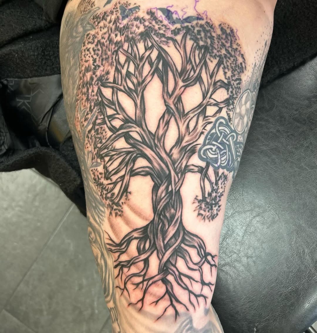 Inside of the thigh on Norse Kittenn this morning here at Conquest Tattoo @highlight. #celtictree #treetattoo #knotwork #blackandgreytattoo #cooltattoos #girlswithtattoos #hextat  #needlesupply @hextat @needlesupply