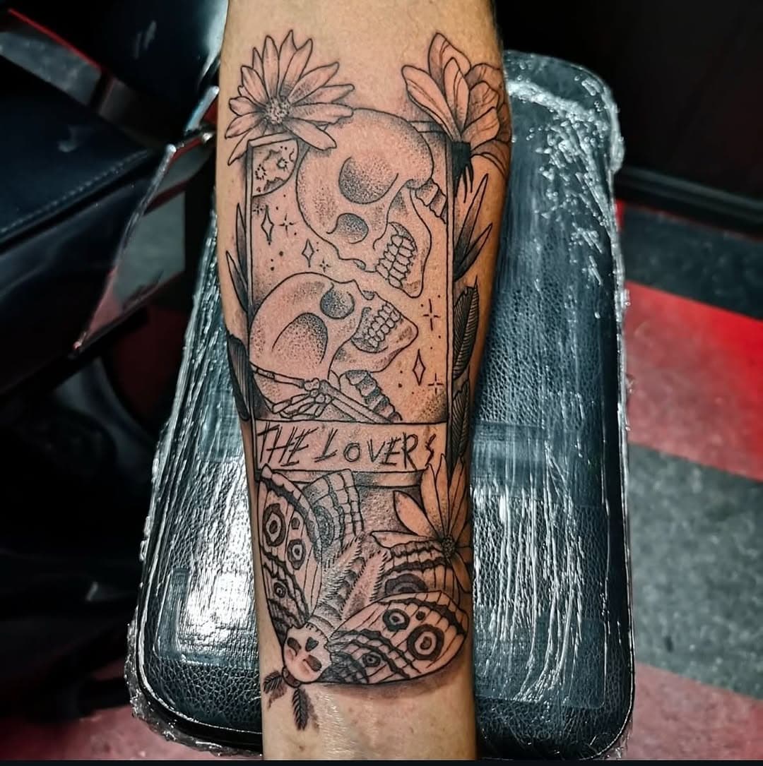 Tattoo done by Rob available in our Belleville location, for any inquiries or to book a consultation call him at 613-779-8129 or stop by the shop 180 North Front Street Belleville or email wildinkbelleville@gmail.com  #tattoo #tattoos #tattooed #tattooshop #tattooartist #ink #inked #inkedtattoo #wildink #wildinkstudios #wildinkbelleville #tarot #tarotcard #tarottattoo #thelovers #skeleton #blackandgreytattoo #belleville #ontario #canada #deathmoth