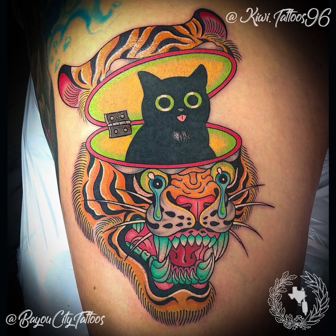 Rawr on the outside, meow on the inside! This awesome tattoo was done by resident artist Kiwi. Be sure to follow her @kiwi.tattoos96 & consider booking her for your new tattoo. 

#BayouCityTattoos your #favoritetattoostudio in Houston’s #energycorridor where walk-ins are always welcome or you can book online (link in bio)

#cattattoo #tigertattoo #colortattoo #lisafrankvibes #tattooideas #houstontattooartist #femaletattooartist #tattoosbykiwi #houstontexas #katytexas #cypresstexas #sugarlandtexas