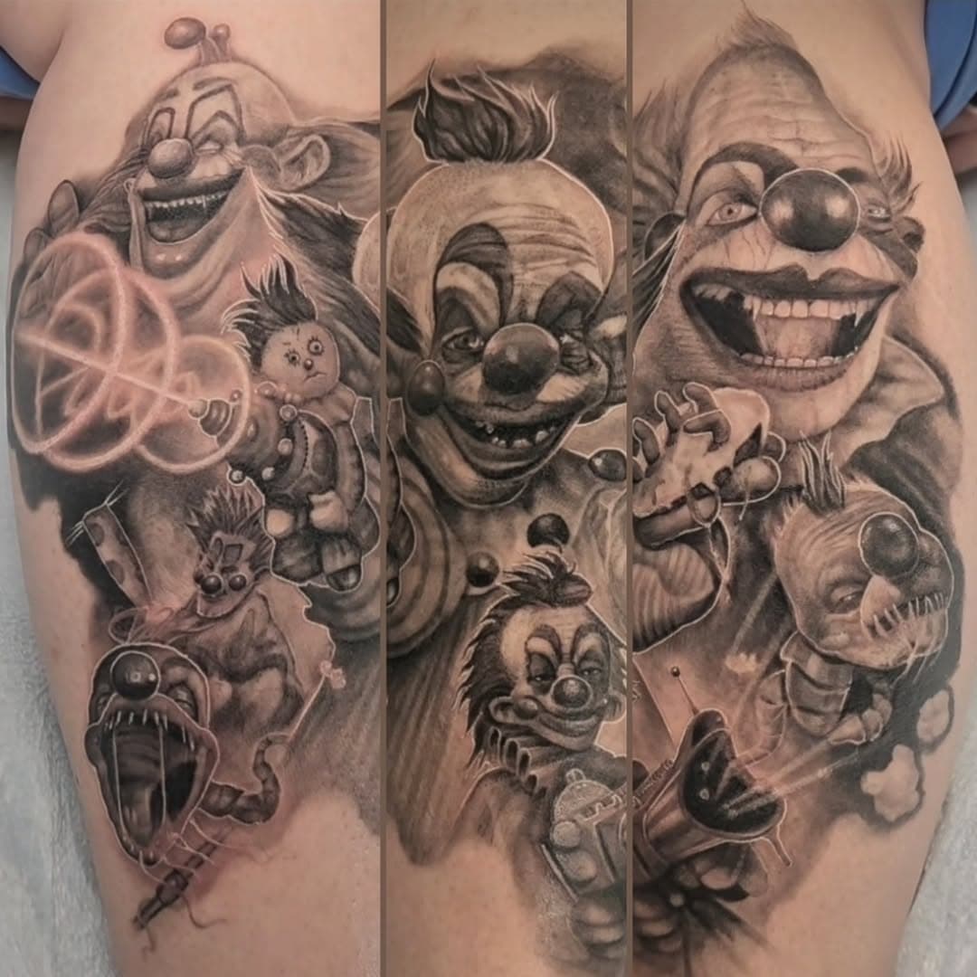 Healed black and grey, fresh whites...
Thanks for the look!👊🏽 now Booking at: jaredarchuletatattoos@gmail.com 

#spellboundtattoos #inkjetstencils #inkmachines_christian #sullenclothing #sullen #klowns #killerklownsfromouterspace