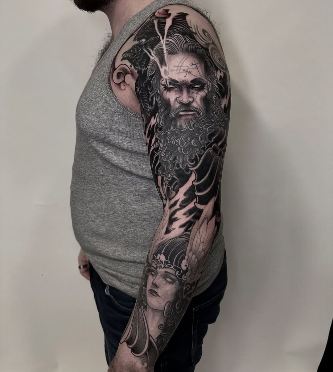 ✨Finally done this Viking themed sleeve.Big thanks to @akisjordan for his trust and patience. 💥Next stops 💥 @godsofinktattooconvention 28-30 of March 🇩🇪 💥 @athenstattooconvention 16-18 of May 🇬🇷 💥 @sycomore_tattoo 19-30 of May 🇨🇦 .Always with @kwadron at @dirtyrosestattoo ✨For infos and bookings DM or email at alexgotza.artwork@gmail.com
•
•
•
•
@dirtyrosestattoo
@kwadron 
 #tattoo #tattoos  #ink #inked #art #tattooartist #tattooart #tattooed #tattoolife #tattooideas #lovetattoo  #artist  #kwadron #tattoodesign #tatuagem #tattooing #tattooist #blackandgreytattoo #tattooink #tatuajes #instattoo #kwadroncartriges #tattoostyle #photography #vikings #tatuaje #tattooer #traditionaltattoo #tattoogirl