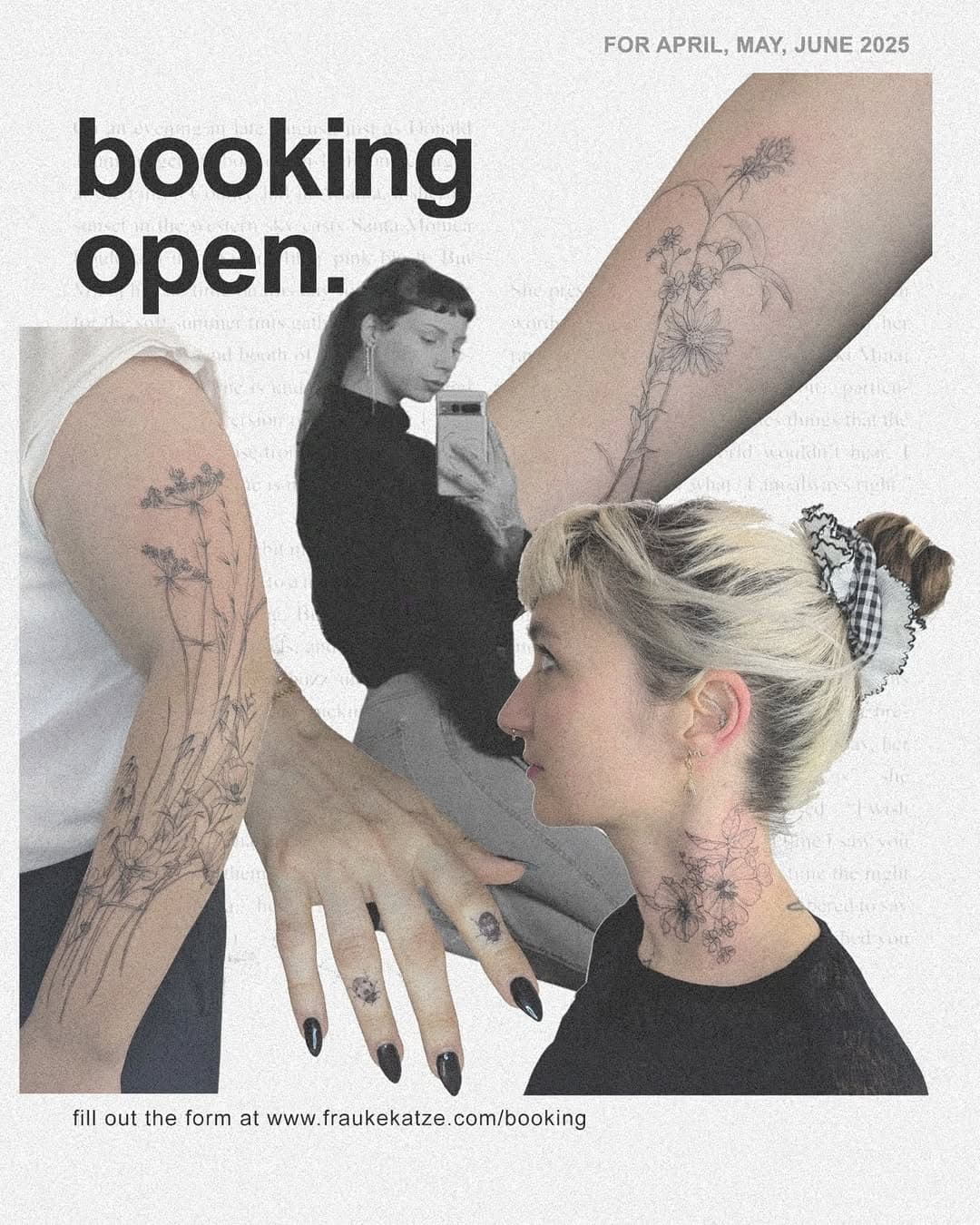 BOOKING OPEN 

// friday,  saturday + sunday (february 14 - 16)

// for appointments in quarter 2 (april, may + june 2025)

if you would like to have a fine line pencil drawing tattoo from me please send me a request by filling out the form on my website (link in bio).

thank you so much, i‘m looking forward to read all your requests & tattoo ideas!

love
frauke 💘