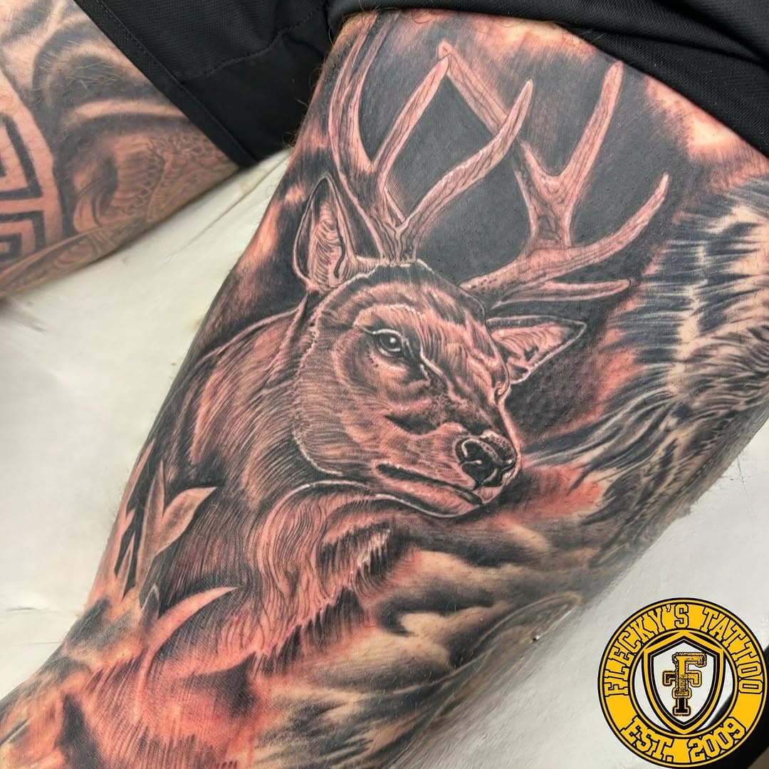 Stad added to this leg sleeve done by @babyfacedassassin123 

@saviourtattoosupplies @chakracarts @butterluxe_uk @dynamiccolor @criticaltattoosupply @eternalink @inkeeze

#tattooart #tattoodesign #tattooideas #legtattoo #legsleevetattoo #animaltattoo #portraittattoo #realismtattoo #stagtattoo #uktattoo #tattoosofinstagram