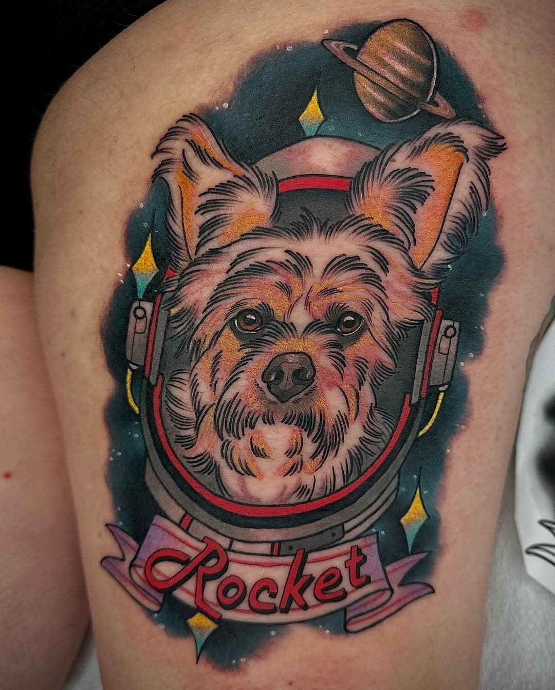 Rocket 🚀 the pup - thanks Candance!

#rocketman #rocketthedog #dogportrait #illustration #illustrativetattoo #thesolidink #tattoo #colortattoo #marylandtattooartist #tattooer #mdtattoo #frederickmd #downtownfrederick