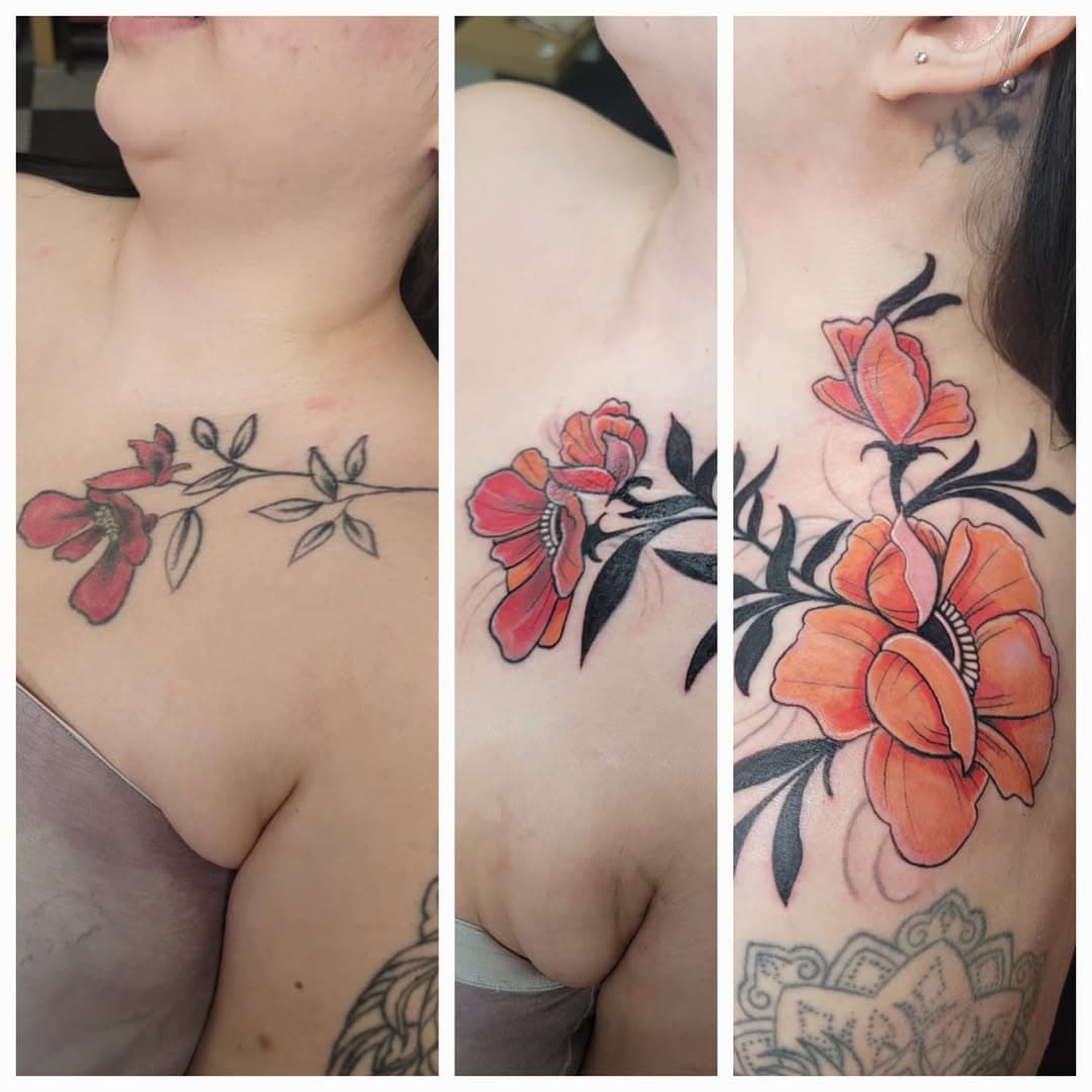 Before and After. #3rdlayertattoo #cospringstattoo #tattooideas #cospringstattoos #poppies #jeremymisery #inked #tattoofix #beforeandafter #floral #flowers