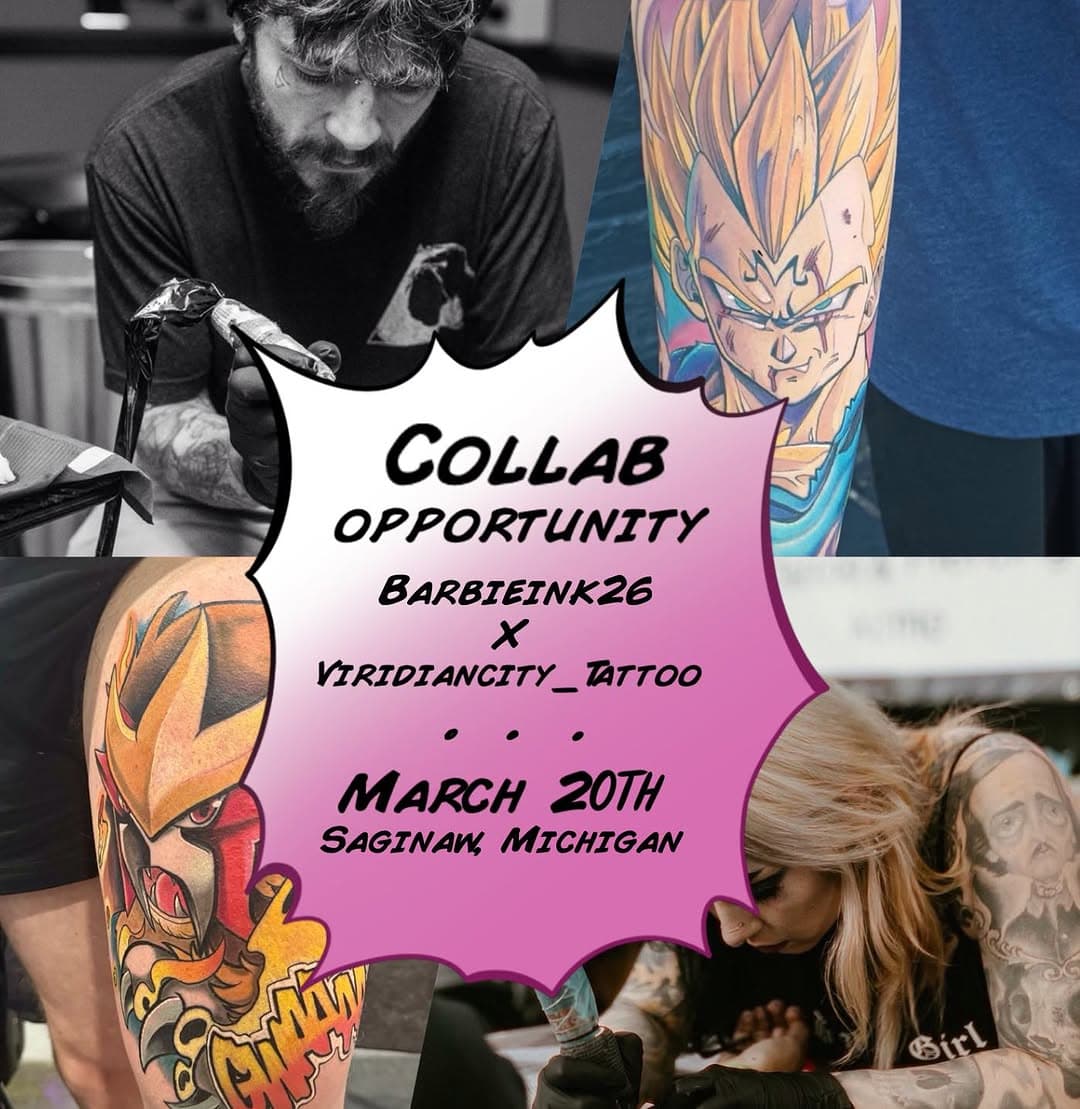 ✨COLLAB OPPORTUNITY✨
Saginaw - @barbieink26 and I will be coming to guest spot @drunkenmonkeytattoo next month and we want to do a collab!! Full color, preferably anime! Please reach out to either of us if you have any questions or inquiries 🤩