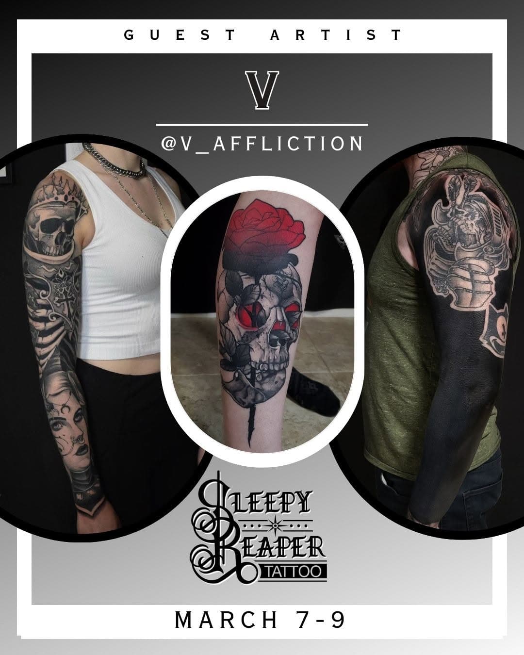 We are stoked to be hosting @v_affliction for a guest spot March 7-9!

Swipe to see his wanna-dos ➡️
DM @v_affliction to book 

Follow @v_affliction and @sleepyreaperwi for more💀
•
•
•
#tattoo #blackworktattoo #geometrictattoo  #sleepyreaperwi #guestspot #dmtobook  #skulltattoo #travelingartist #nowbooking #predrawns