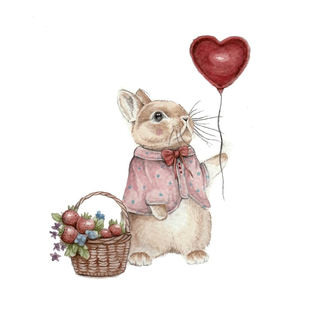 Happy Valentines Day 💘🐰💝
a basket of treats from bunny 
.
.
.
.
.
#valentinesday #rabbitillustration #bunnyillustration #animlaillustration #watercolour #watercolourillustration