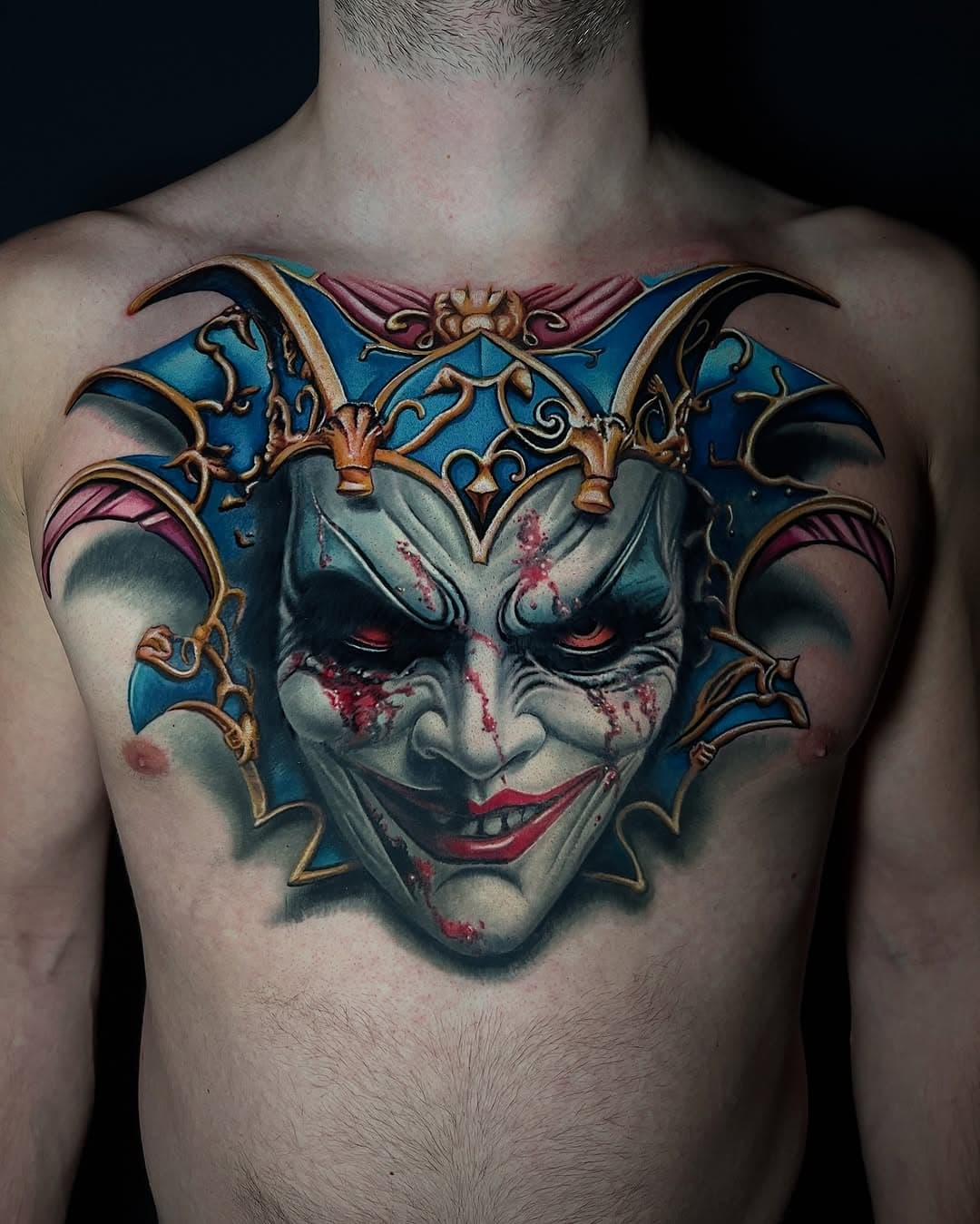 @voishop_pl 
@tattooartkarlsruhe 
@worldfamousink 
@vesper_eu 

#ugenetattoo #realistic #realistictattoo #colortattoos #jokertattoo #masktattoo #venetianmask #wroclawtattoo #polandtattoos #chesttattoo