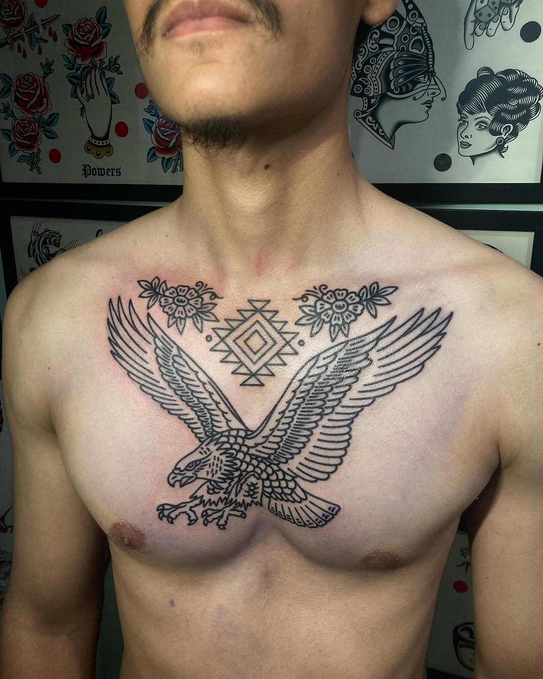 Good start on this chest eagle done on @marcostrevino_ , thank for sitting like a champ can’t wait to finish it up!🤙🏼 🦅