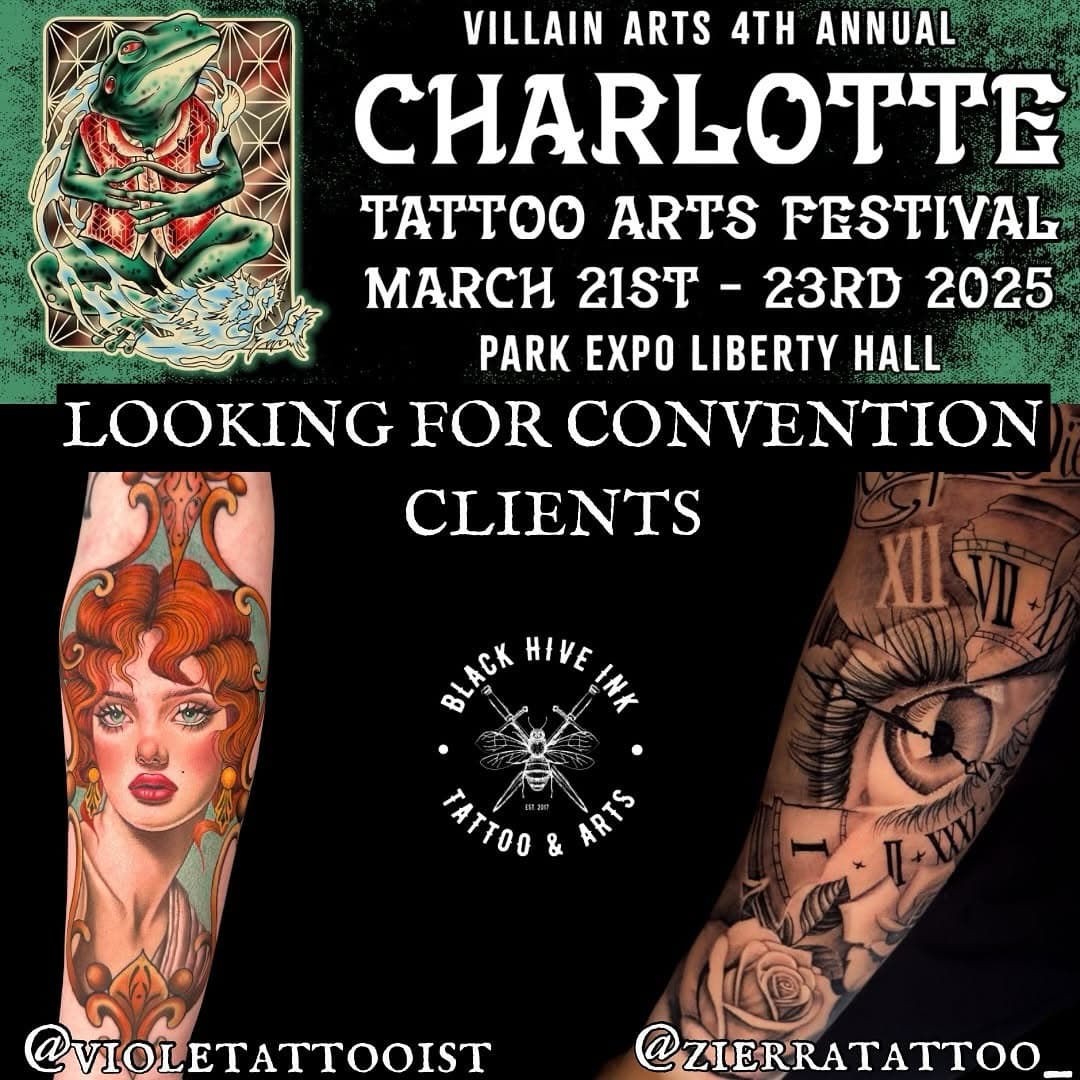 🚨 Attention tattoo lovers! 🚨 Violeta & Zierra are looking for tattoo canvas models for the Villain Arts Tattoo Festival this March! Whether you’re craving a vibrant color piece @violetattooist or a detailed black & grey design @zierratattoo let’s create your dream full leg or arm sleeve! 

Ready to get inked? Email us to secure your spot at tattoos@blackhiveink.com 😁

#TattooModels #TattooLife #FullSleeveTattoo #BlackAndGrayInk #ColorTattoo #TattooFestival #GetInked