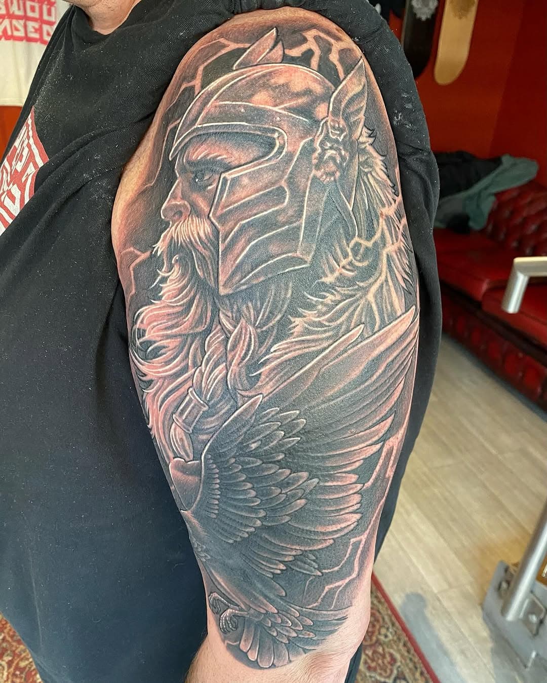 Odin and raven cover up by Gavin @wastedandwounded #odin #allfather #norse #god #raven #tattoo #wastedandwounded #wiseguysink