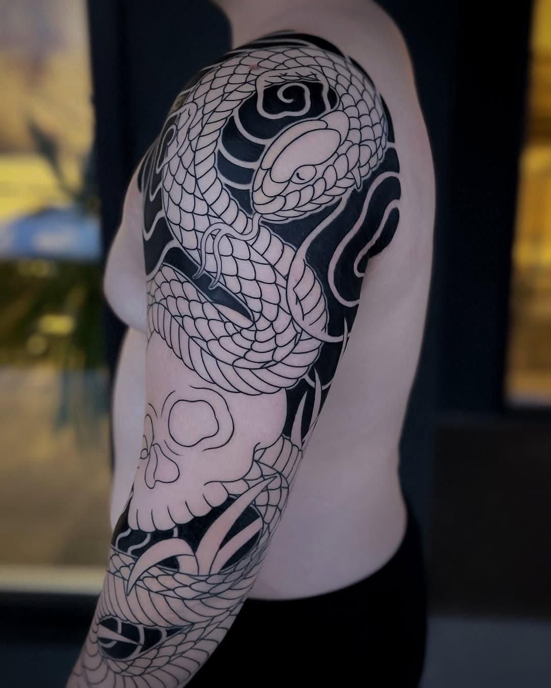 Got a start on Daniel’s first tattoo this week! Thanks for driving up from Washington! More to come in April.
•
@pantheraink @bngtattoosupply 
•
#snaketattoo #japanesesnaketattoo #washingtontattooartist #seattletattooartist