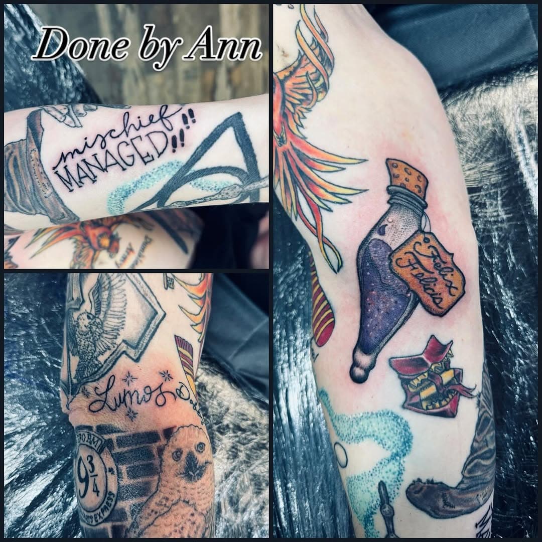 Ann has been working on a Harry Potter sleeve I think. Did some small fillers today.  One more season and we think it will be done. 

#tattoo #tattooartist #profesionaltattooartist #Colortattoo #Bishop #eternalinks #coveruptattoo #recoveryaftercare  #hustlebutter #ink #blackandgreytattoo #tattoodesign. #darkwatertattoony #tattooideas #tattoolife #upstateny #schenetadyNy #518tattoo #whipshading #Unioncollage #RotterdamNY #Tats #backpiecetattoo #sexytattoo #harrypotter