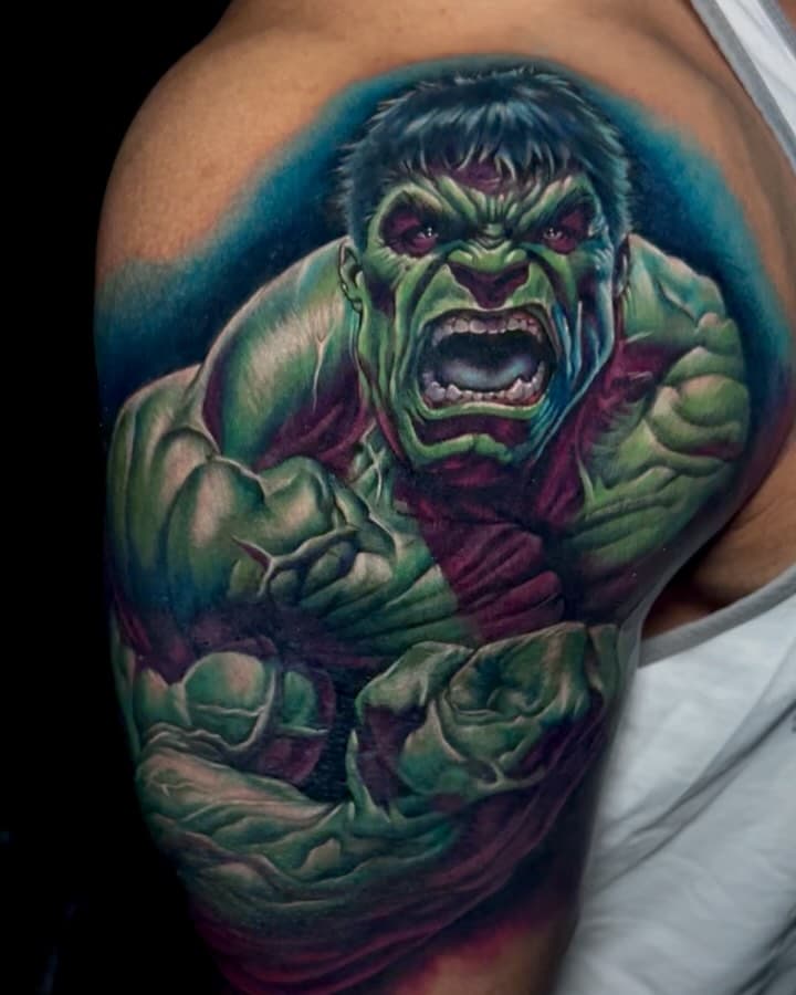 Incredible Hulk cover up. Scroll over to see the watermelon chest before hulk, yikes. Glad I got to do this and make a decent piece outta it. Done with @fusion_ink @inkmachines thanks for looking. #cecilporter #color #realism #tattoo #incrediblehulk #hulk #marvel #comicbooks #marveltattoo #ink #inked