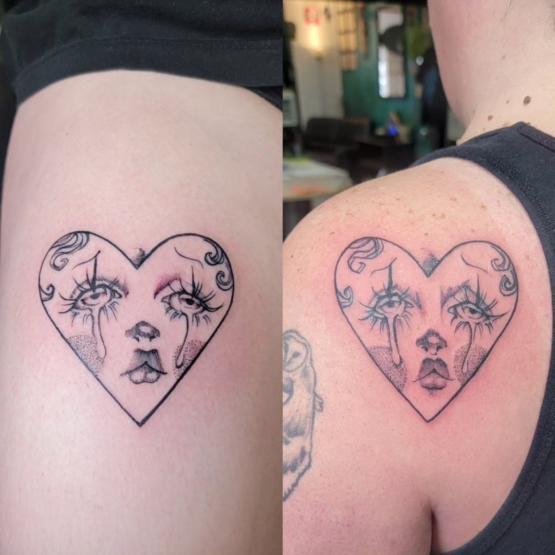 Mother/daughter hearts.  #motherdaughter #matchingtattoos #tattoo #tattooforgirls #colorado #getinkedordienaked #clownface #sad girl #jeremymisery #3rdlayertattoo ##coloradospringstattoo