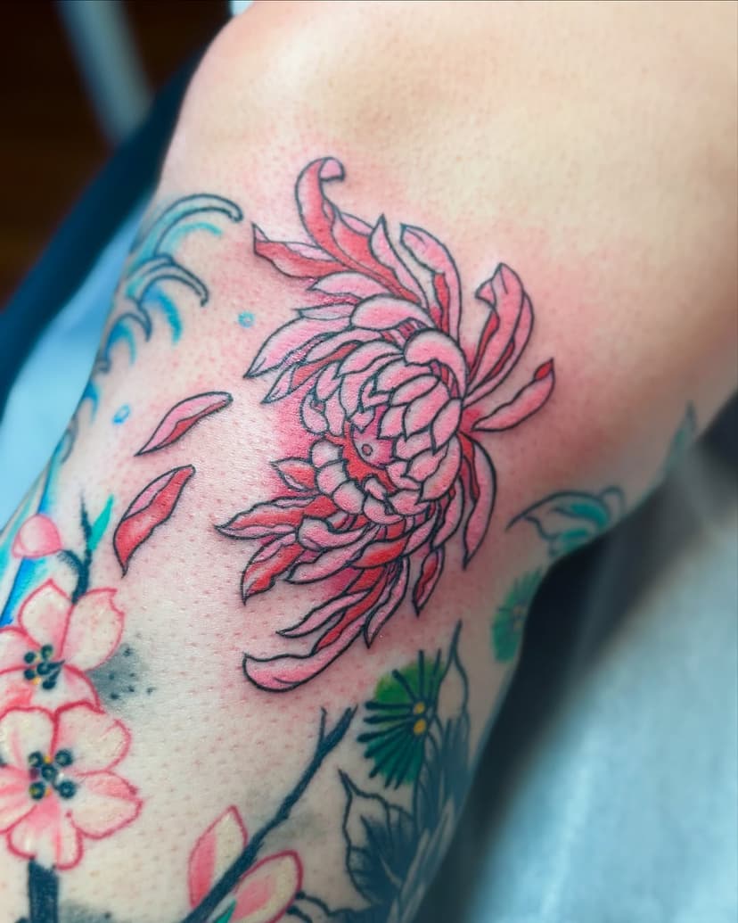 Pretty chrysanthemum for Mallory!  Done at @drawingboardtattoo I’m here Tuesday-Saturdays.  Come get something cool!