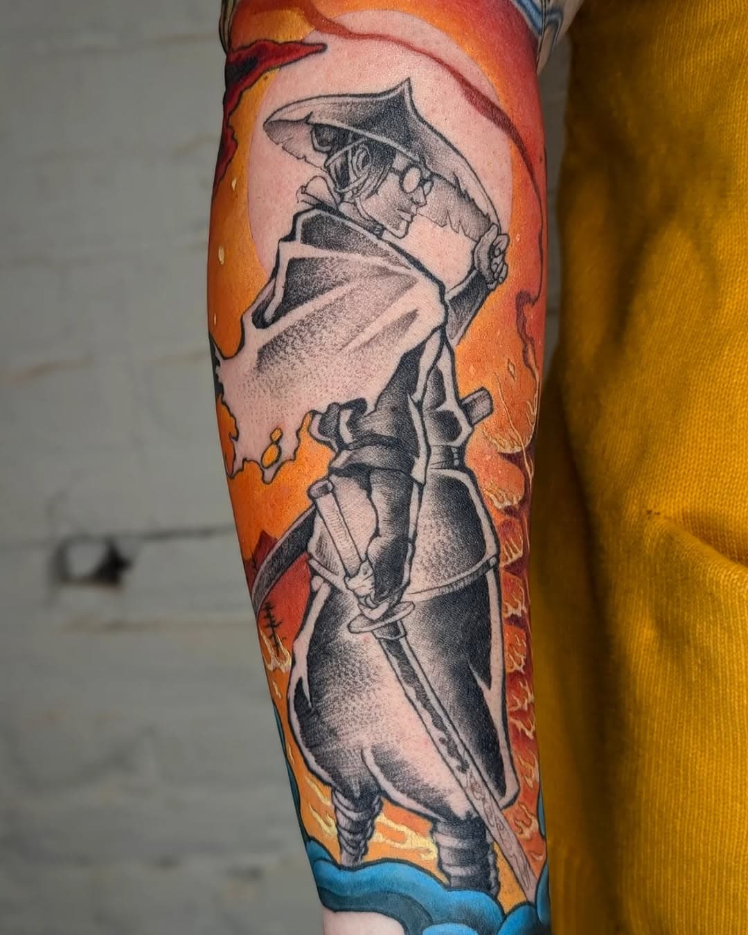 In progress Blue Eye Samurai forearm wrap for Andi. We only have to hit the colors in Mizu next time and then this one's all done! It's been a fun challenge doing this piece with more of an environment adding context to the character. Can't wait to post the final result, this project has been so much fun, thank you as always Andi!!!

-----

#blueeyesamurai #samuraitattoo #customtattoo #colortattoo #nerdytattoo #fanart #customtattoo #crownandfeathertattoo #lordlexantattoos
