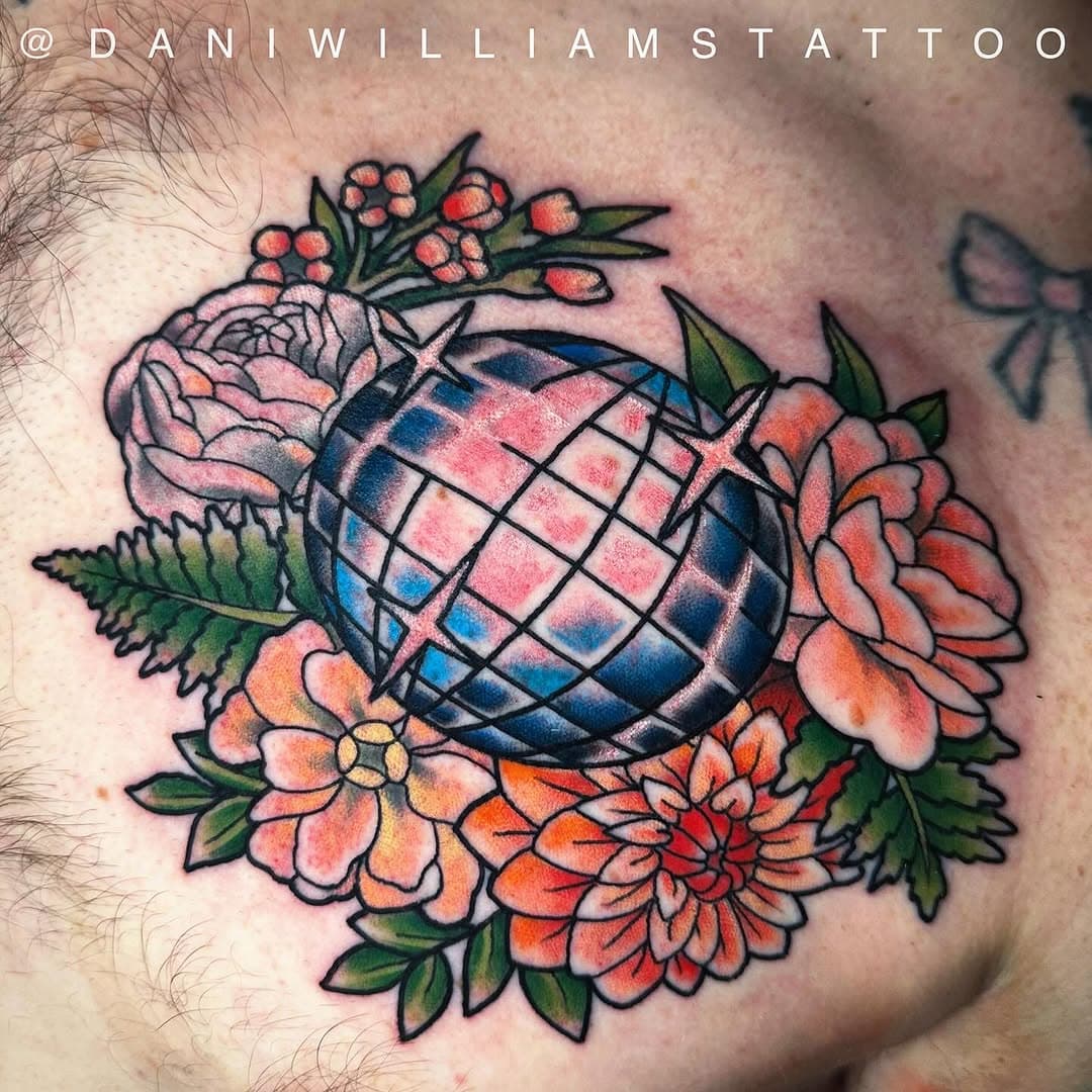 Disco ball and wedding florals on the chest 🪩🌿🪩
Made at @gardencitytattoos 
Located: Beverly,MA
Daniwilliamstattoo@gmail.com
.
.
Sign up for email updates on next booking rounds by clicking the bigcartel link in my bio and enter your email✨