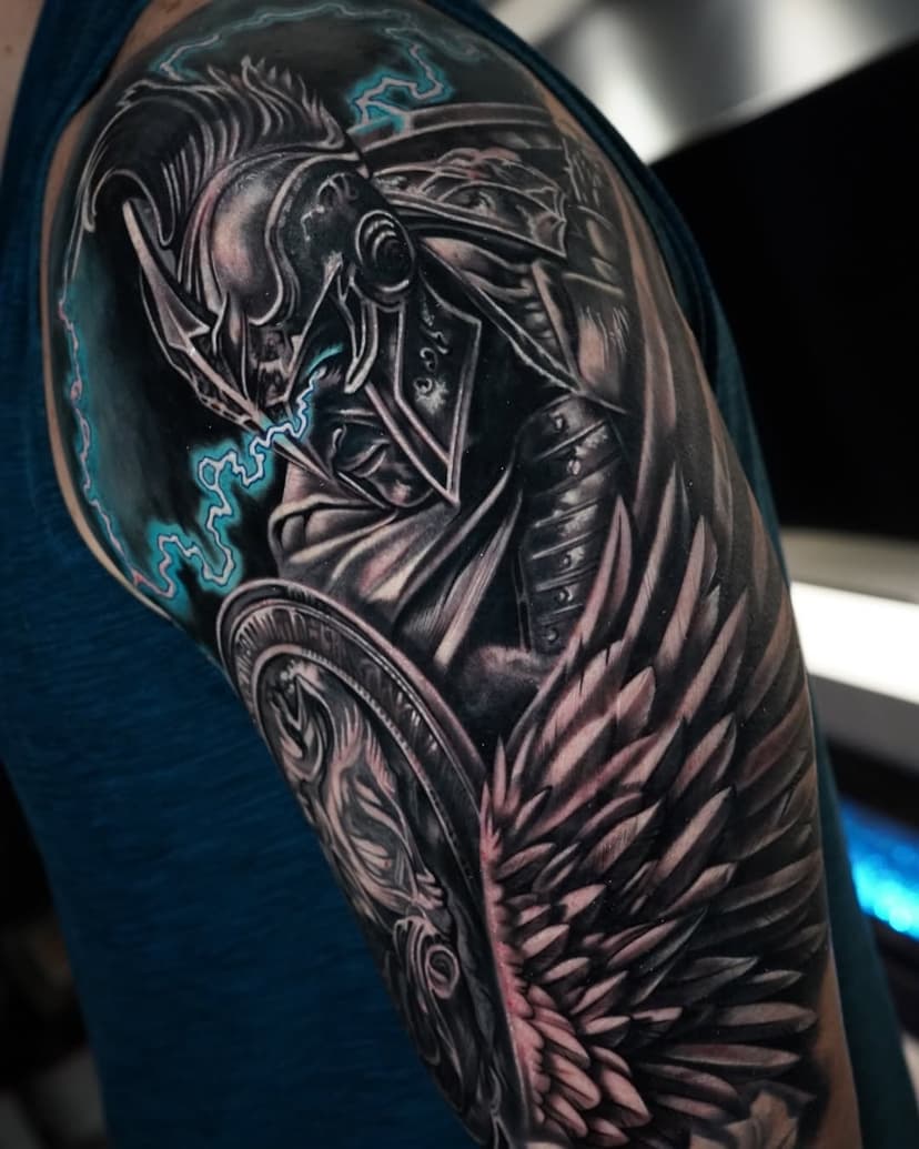 How many of you don’t like to wear a warrior on your skin?  DM…
.
#blackandgreytattoos #blackandgreyrealism #orlandotattooartist #fullsleevetattoo #spartan #spartantattoo #spartanwarrior #tattooshop #stcloudfl #stcloudtattooartist