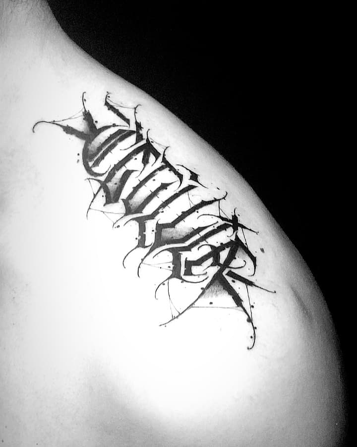 “Cecilia” on the Trap. For Santiago’s Grandmother . There isn’t a better way to commemorate a loved one than to get their name on you in dark letters. 
•
•
#njtattooartist #darklettering #calligraphy #gothic #lettering #manikmike #sober #graffiti #demotgf 
•
•
•to book a consultation with me , click the link in my bio . ❤️