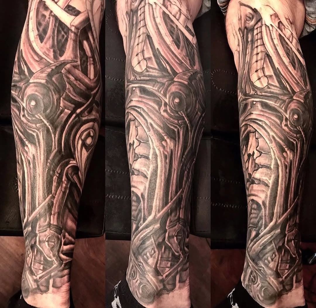 Bio-mechanical style sleeve in progress by our own @tonyurbanek .
DM to book at one of our two locations:
@inkadinkadoo_tattoo 
@wexfordtattoocompany 
🥂