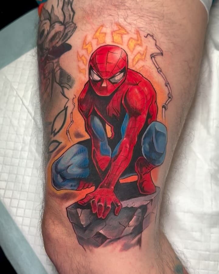 Custom spiderman in a ⚡️fun⚡️spot for the good homie @ayer.josh this weekend.
Thanks as usual for sittin like a rock dude🤌

I have availability in march to tattoo your idea big  or small @mimiktattoo in Charlotte....just shoot me a message and lets make it happeennnn🫶
Thanks for lookin ⚡️

#spiderman #spidermanintothespiderverse #spiderverse #comics #comictattoo #mimiktattoo #charlottetattoo #charlotte #marvel #marvelcomics #colortattoo #originalart