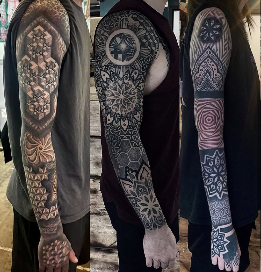 Sleeves by @deadstuffanddots . . . . 

These are the results of the clients giving Gez completely free reign on the design . . . Designing session by session Gez finds works best for what he calls his Geometric Mash-Up style.

Please pop @deadstuffanddots a message if you would like some Ornamental , Dotwork , Blackwork , Geometric Mash-Up . . . 

Please like Share and Comment on your favourite posts . . . Big Love to you all 🖤

#tattoo #geometric #dotwork #sleeve #indelibleink #gosport #theog #blackwork