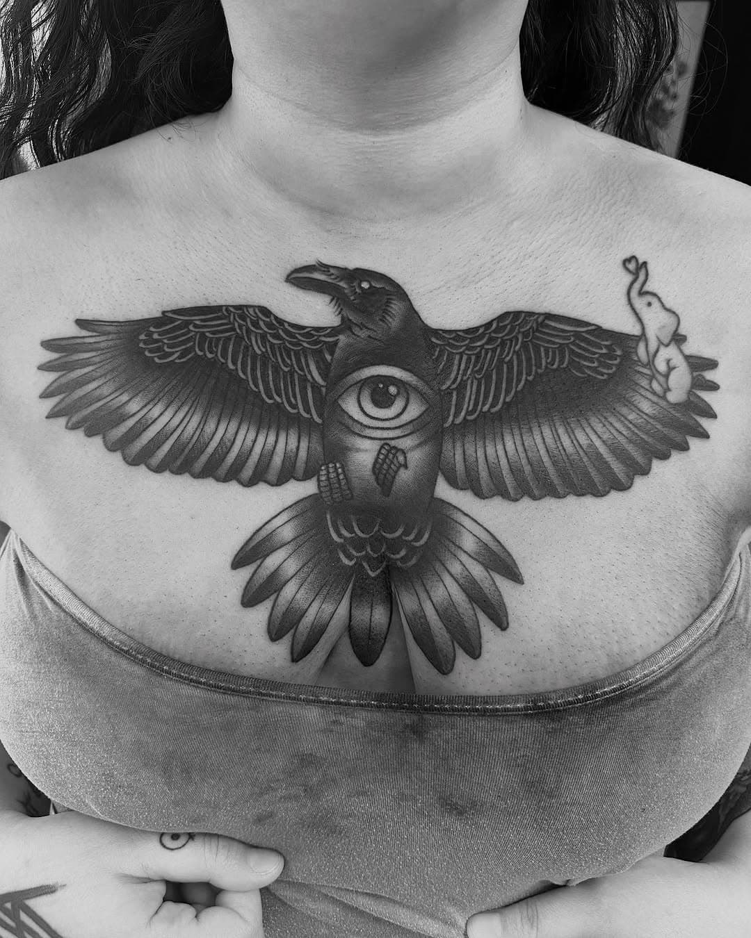 Tiffany, you’re a badass…and I’m sorry I wrecked your shirt 😬 (linework is healed, black is fresh) #tattoosbycorinne #geminitattoo #chestpiece #blackandgreytattoo #crow #raven #traditionaltattoo #cacaw #syracuse #syracusetattoo #solvay #tipphill