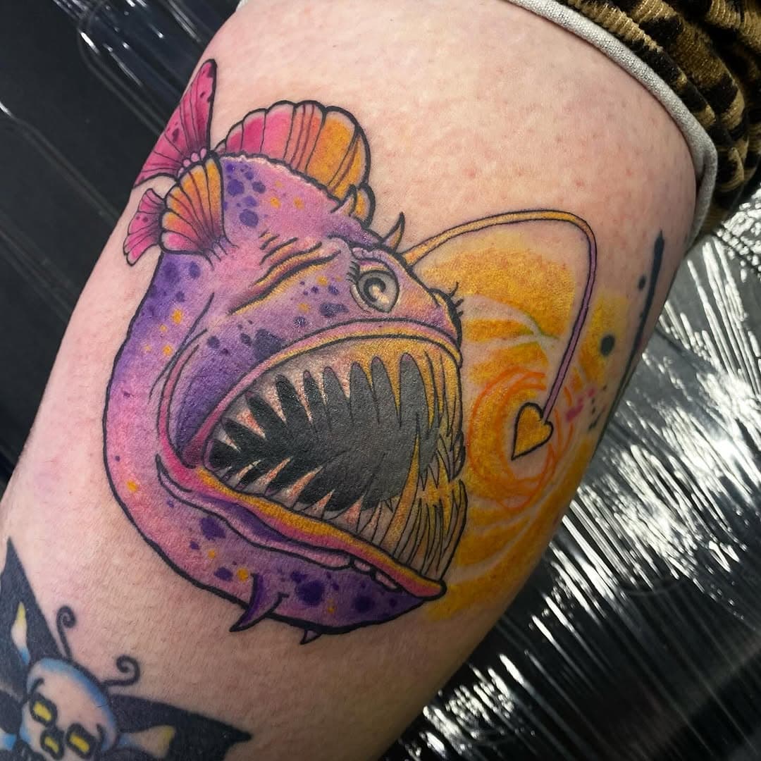 Girly Angler Fish for Jess- @chubzilla_x 
This has been booked in for months, and ended up being perfectly timed to coincide with the Angler fish phenomenon that’s currently in the news.

Jess is a fellow angler fish nerd… 
We did consider giving her a few pairs of testicles for accuracy 😂🤓

 #tattoo #newtattoo #bromsgrove #bromsgrovetattoo #tattoobromsgrove #birminghamtattoo #birmingham #worcester #worcestertattoo #laurentye #ink #inked #radiantink #cosmicmonstersincorporated #watercolour #watercolourtattoo #anglerfish #anglerfishtattoo #girly #meanandgirly #nerd #fishnerd