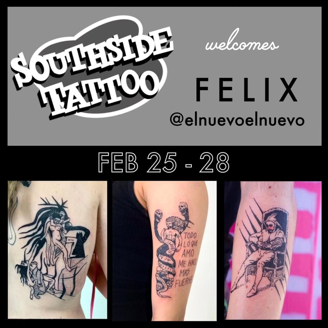 Our good friend felix #elnuevoelnuevo will be back with us. Collect a piece of his unique art! #southsidetattooatx #austintexastattoo #austintexasguestartist #inspectorofbikinis #elnuevoelnuevo