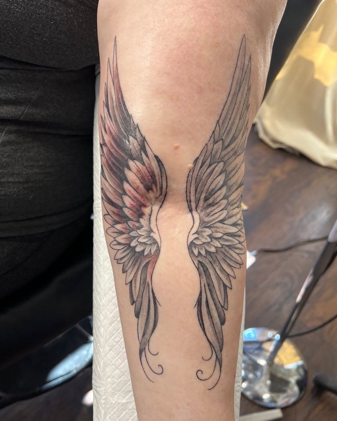 Wings by Jason D at Gilded Heart Tattoo, 211 East First Street, Newberg Oregon, 97132