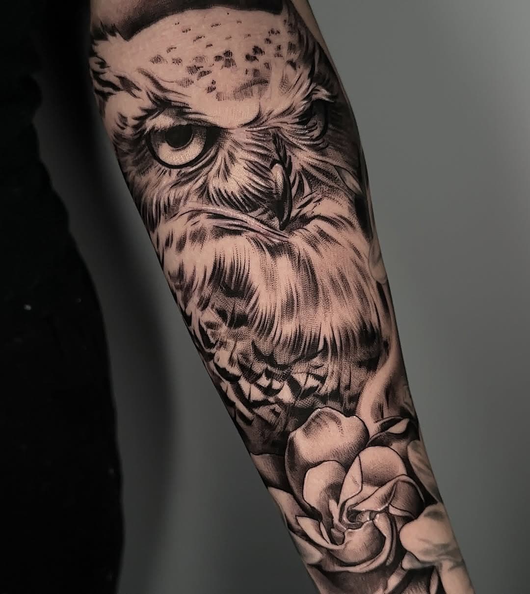 Making solid progress on this sleeve . 
.
.
.
.
.
#owl #owltattoo #blackandgrey #southfloridatattoo #coralsprings #deerfieldbeach #wpb #palmbeach #tattoo #tattooideas #tattoosleeve