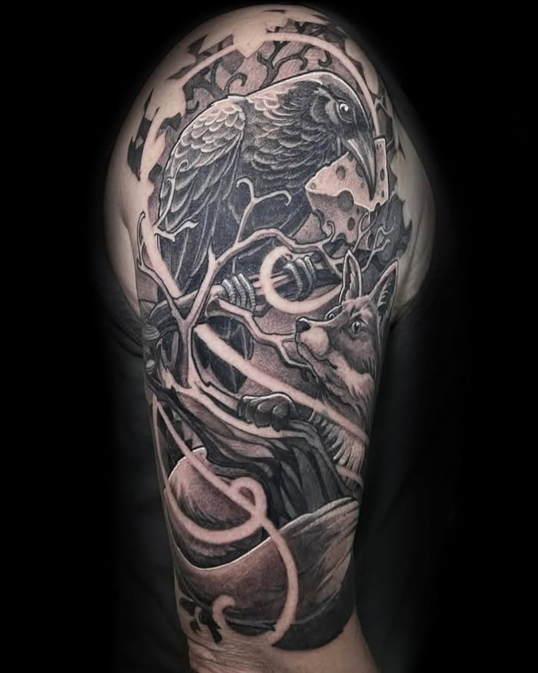 Par/By Alex @alex_d_tattoo #imagotattoo #neotraditional #fabletattoo #montrealtattooartist #blackandgreytattoo