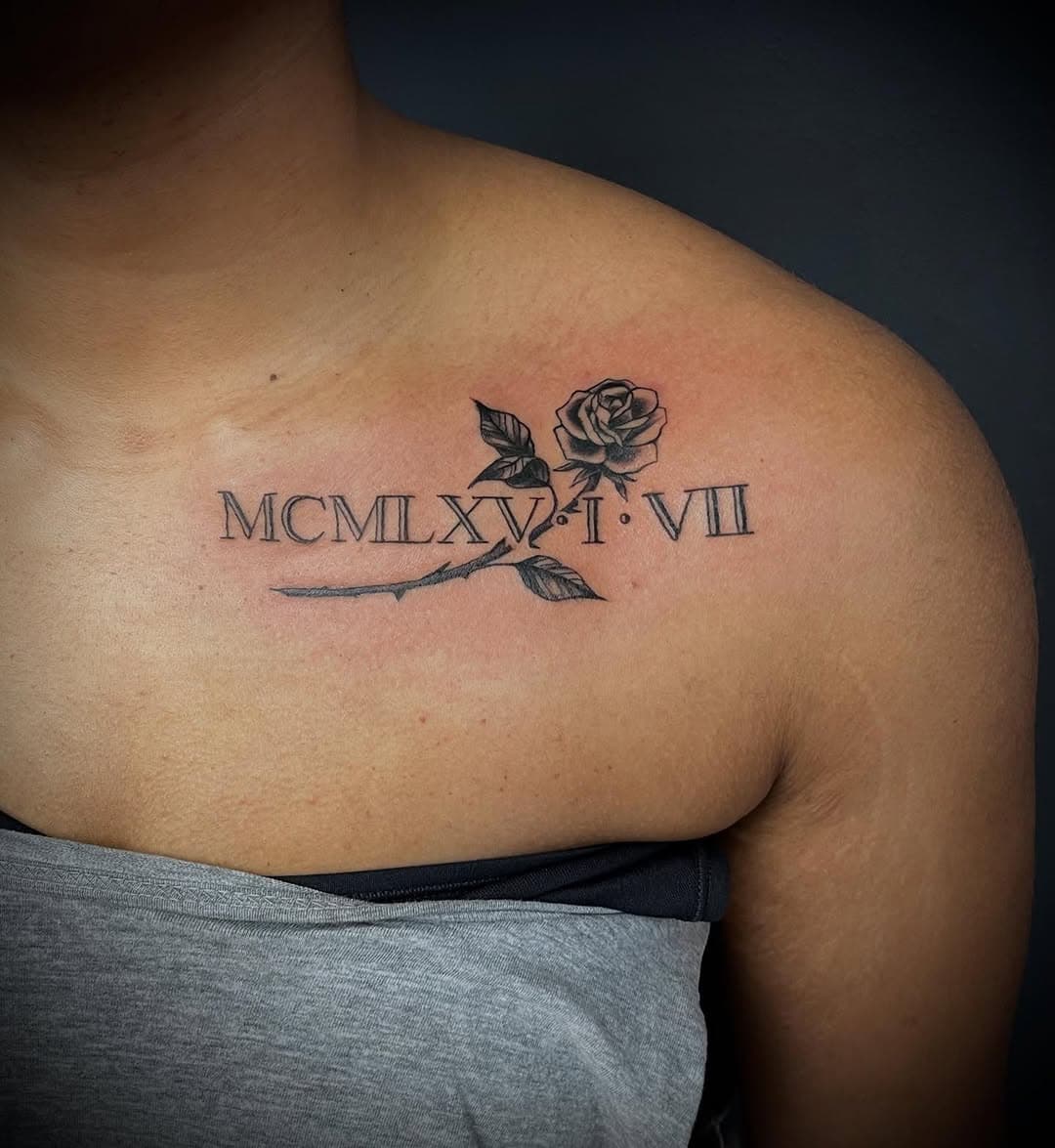 •
#romannumeraltattoo 
#rosetattoo
#collarbonetattoo 
#romannumeralstattoo 
#blackandgraytattoos 
#7soulstattooramsey 
#newyorktattooartist 
#newjerseytattooartist 
#nickg_tattoos