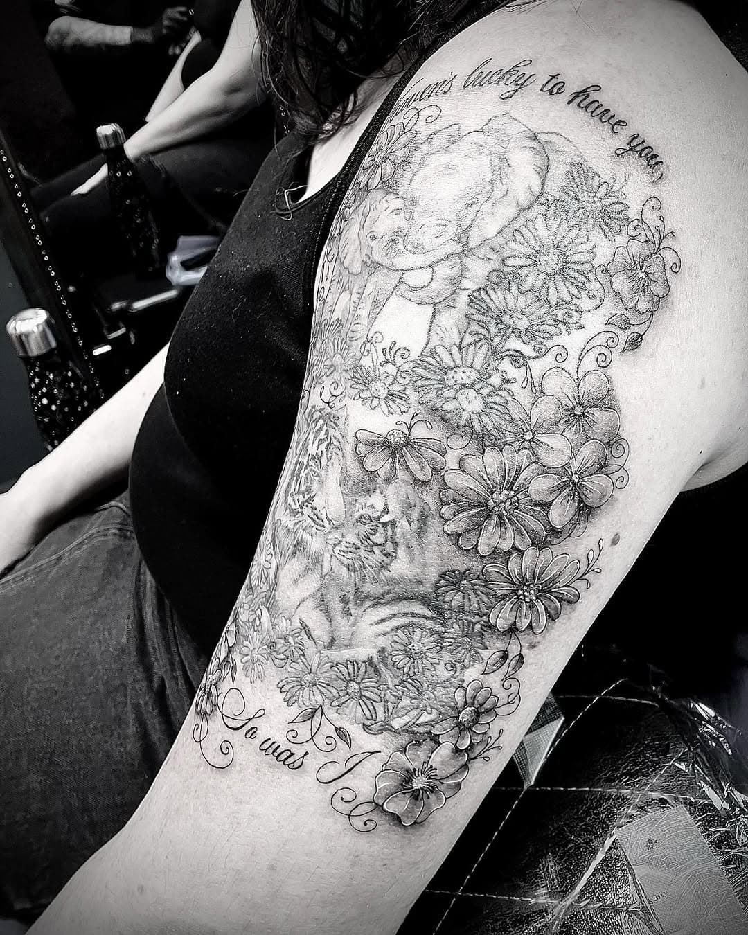 Added some flowers and script to join up these memorial pieces for Penzi today, thank you so much for your trust 🙏🏽 #blackandgreytattoo #blackandgreytattoos #armtattoo #armtattoos #familytattoo #familytattoos #womentattooartists #womentattooers #tattooistsindorset #weymouthtattoos #bishoprotary #bishoprotarymachine #elephanttattoo #elephanttattoos #tigertattoo #tigertattoos #flowertattoo #floraltattoos